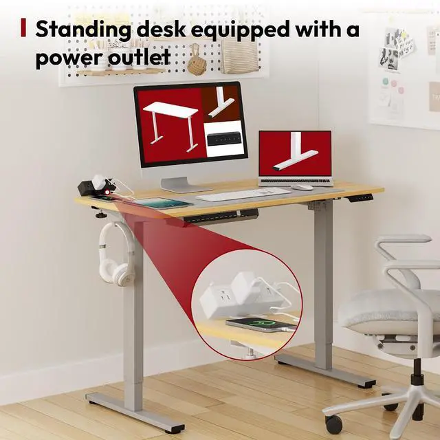 Alt view image 4 of 7 - Electric Standing Desk with Desk Clamp Power Strip 48"x 30" Whole-Piece Desktop Height Adjustable Stand Up Desk with Cable Management Sit Stand Home Office Desk Silver Frame/Maple Top
