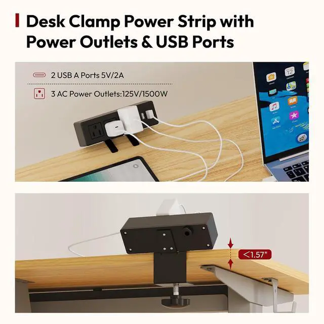 Alt view image 5 of 7 - Electric Standing Desk with Desk Clamp Power Strip 48"x 30" Whole-Piece Desktop Height Adjustable Stand Up Desk with Cable Management Sit Stand Home Office Desk Silver Frame/Maple Top