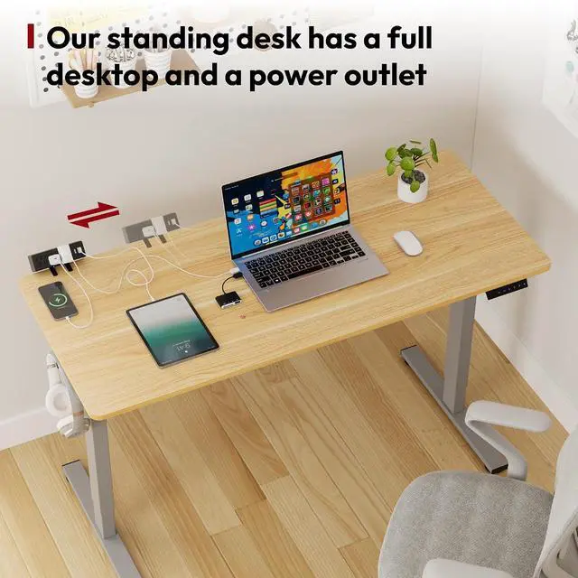 Alt view image 3 of 7 - Electric Standing Desk with Desk Clamp Power Strip 48"x 30" Whole-Piece Desktop Height Adjustable Stand Up Desk with Cable Management Sit Stand Home Office Desk Silver Frame/Maple Top