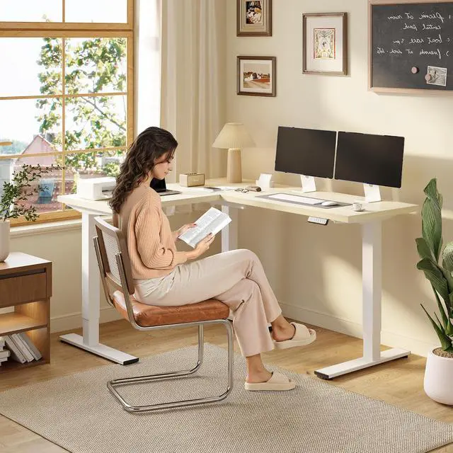 Alt view image 2 of 7 - L Shaped Standing Desk Adjustable Height, Electric Corner Standing Desk, 63 x 55 inch Sit Stand Computer Table with Splice Board, Maple
