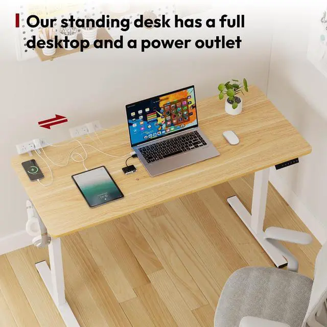 Alt view image 3 of 7 - Electric Standing Desk with Desk Clamp Power Strip 48"x 30" Whole-Piece Desktop Height Adjustable Stand Up Desk with Cable Management Sit Stand Home Office Desk White Frame/Maple Top