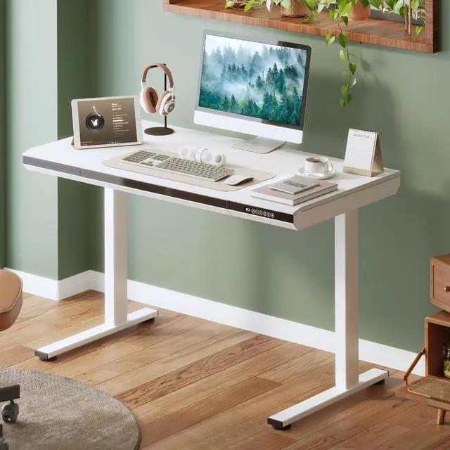 Alt view image 2 of 7 - 48" One-Piece Standing Desk with Acrylic-Front Drawer, Fast-Assembly Ergonomic Sit-to-Stand Desk with MDF Top, 4 Height Memory Presets Touch-Control, Home Office Computer Workstation, White