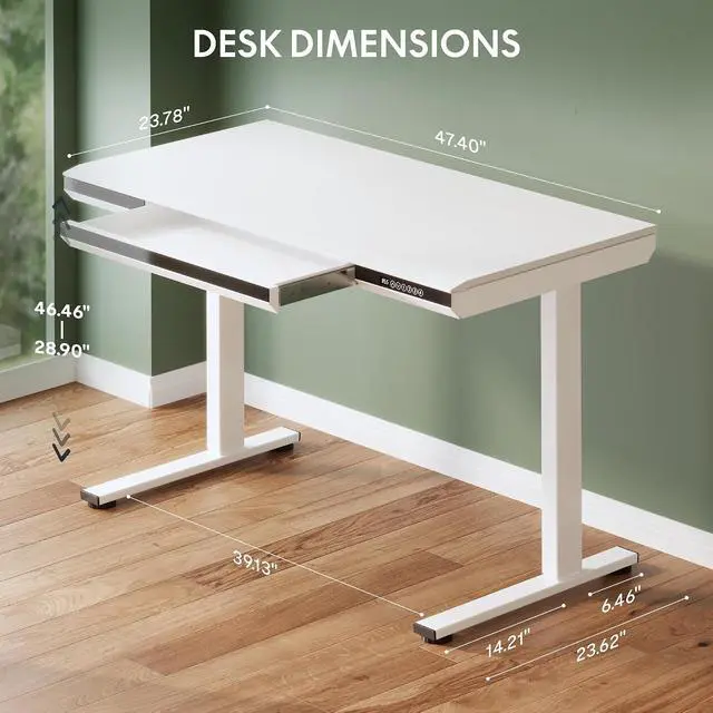 Alt view image 3 of 7 - 48" One-Piece Standing Desk with Acrylic-Front Drawer, Fast-Assembly Ergonomic Sit-to-Stand Desk with MDF Top, 4 Height Memory Presets Touch-Control, Home Office Computer Workstation, White