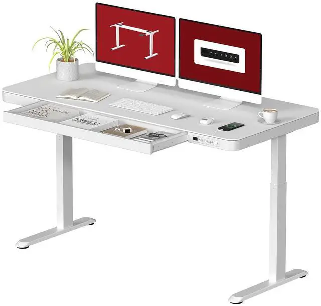 Main image of Standing Desk with Drawer, Electric Height Adjustable Home Office Desk with Storage & USB Ports, 55 inch White Wood Tabletop/White Frame