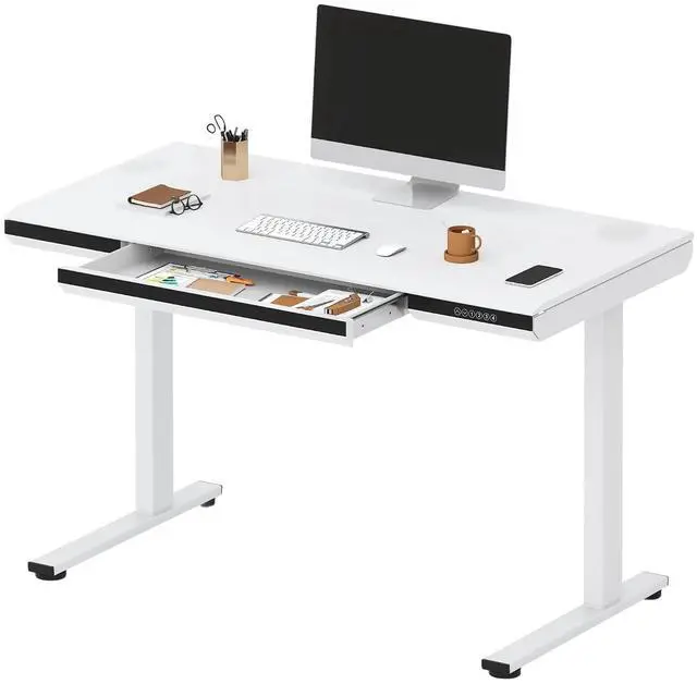 Main image of 48" One-Piece Standing Desk with Acrylic-Front Drawer, Fast-Assembly Ergonomic Sit-to-Stand Desk with MDF Top, 4 Height Memory Presets Touch-Control, Home Office Computer Workstation, White