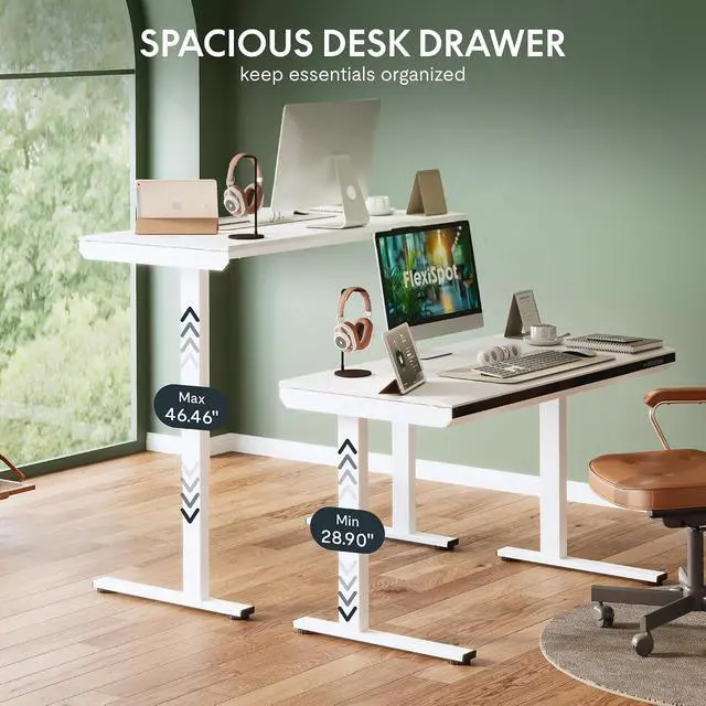 Alt view image 6 of 7 - 48" One-Piece Standing Desk with Acrylic-Front Drawer, Fast-Assembly Ergonomic Sit-to-Stand Desk with MDF Top, 4 Height Memory Presets Touch-Control, Home Office Computer Workstation, White