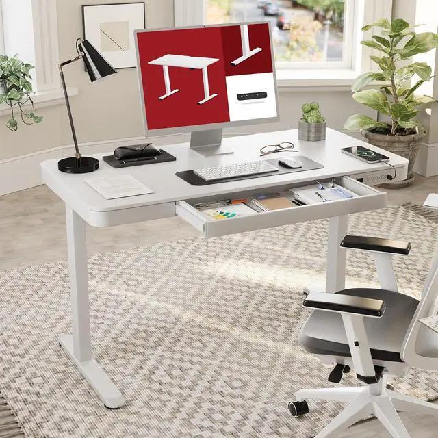 Alt view image 2 of 7 - Standing Desk with Drawer, Electric Height Adjustable Home Office Desk with Storage & USB Ports, 55 inch White Wood Tabletop/White Frame