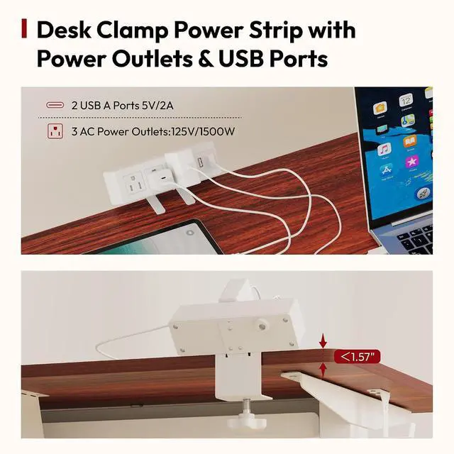 Alt view image 5 of 7 - Electric Standing Desk with Clamp Power Strip 60"x 24" Whole-Piece Desktop Height Adjustable Stand Up Desk with Cable Management Home Office Desk White Frame/Mahogany Top