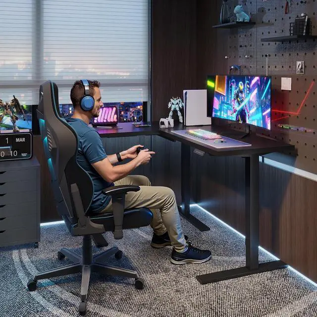 Alt view image 2 of 7 - L Shaped Standing Desk Adjustable Height, Electric Corner Standing Desk, 63 x 48 inch Sit Stand Computer Table with Splice Board, Black