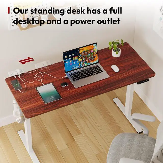 Alt view image 3 of 7 - Electric Standing Desk with Clamp Power Strip 60"x 24" Whole-Piece Desktop Height Adjustable Stand Up Desk with Cable Management Home Office Desk White Frame/Mahogany Top
