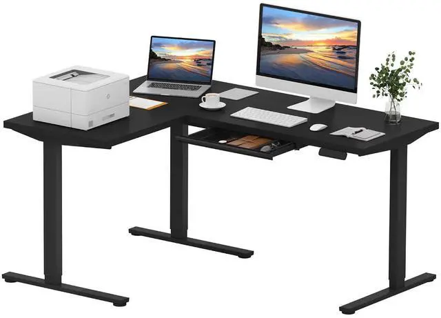 Main image of L Shaped Electric Standing Desk with Drawer, 63 Inch Ergonomic Adjustable Height Desk with Storage, Corner Desk Sit Stand up Computer Table for Work Office Home, Black