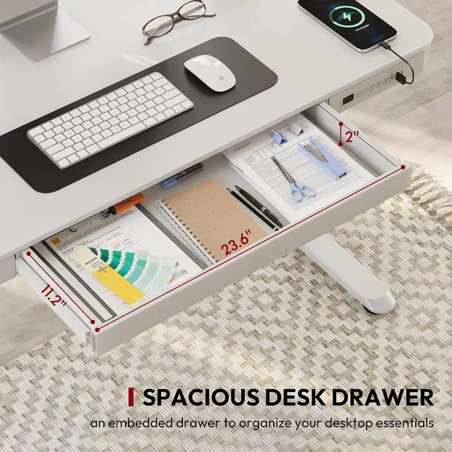 Alt view image 4 of 7 - Standing Desk with Drawer, Electric Height Adjustable Home Office Desk with Storage & USB Ports, 55 inch White Wood Tabletop/White Frame