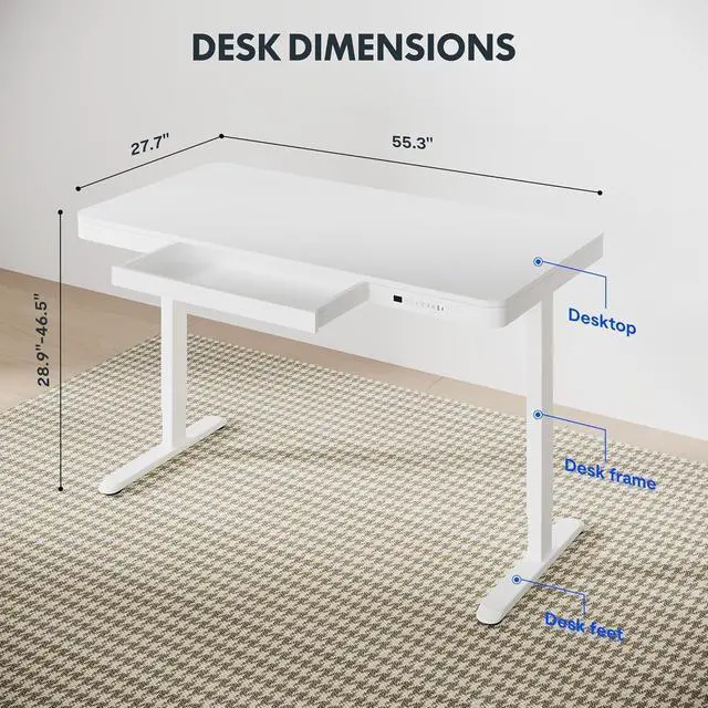 Alt view image 3 of 7 - Standing Desk with Drawer, Electric Height Adjustable Home Office Desk with Storage & USB Ports, 55 inch White Wood Tabletop/White Frame