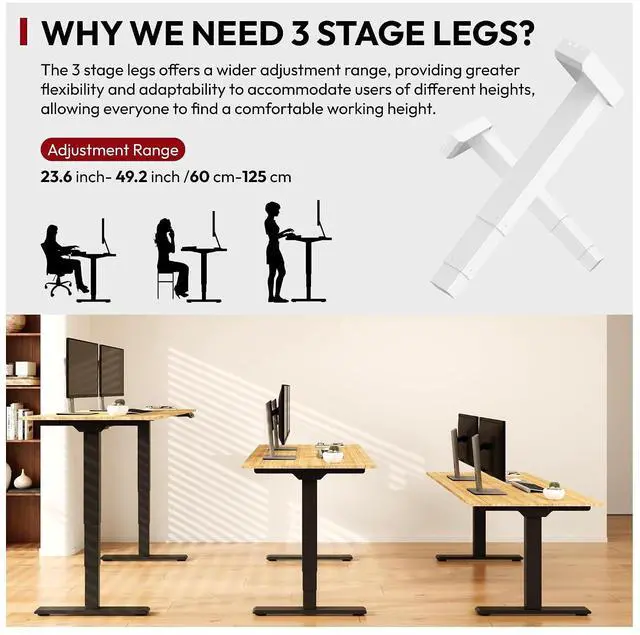 Alt view image 2 of 7 - 48" Electric Standing Desk,One-piece Dual Motor Height Adjustable Desk, Stable and Durable 3-Stage Stand up Desk for Home Office (Black Frame/48 x 30 Inch Maple top)