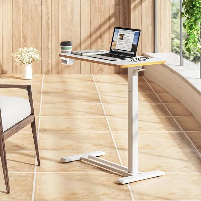 Alt view image 6 of 7 - Mobile Standing Desk with Hidden Wheels,Pneumatic Laptop Desk Rolling Computer Cart Movable Height Adjustable Small Sit Stand Desk for Home Office(27.6" W x 15.7" D, White+Maple Band)