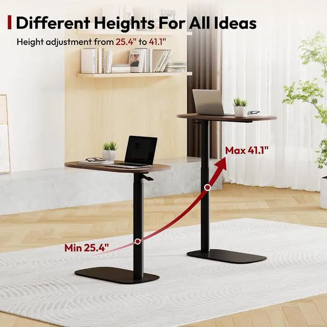 Alt view image 5 of 7 - Small Standing Desk Pneumatic Height Adjustable Sit Stand Laptop Desk Overbed Table Computer Cart for Home Office Workstations (23.6" W x 13.8" D, Black Walnut)