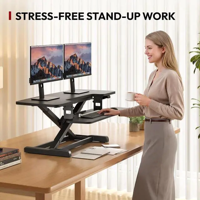 Alt view image 4 of 7 - 42" Electric Standing Desk Converter, Height Adjustable Riser for Office Home,Dual Monitor and Laptop Workstation with Large Keyboard Tray, Black Color