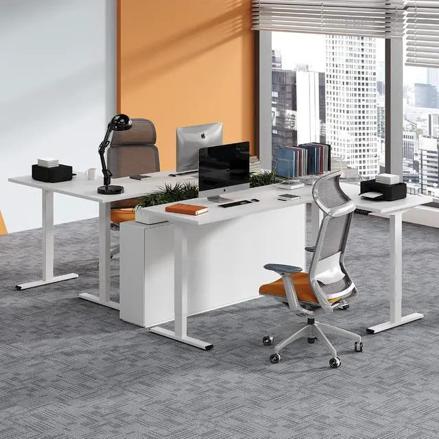 Alt view image 7 of 7 - Electric Height Adjustable 3 Leg Corner Desk Frame, up to 220lbs, Sit Stand Ergonomic L Shaped Frame Only, White