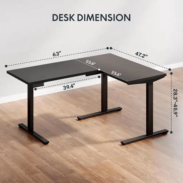 Alt view image 3 of 7 - L Shaped Standing Desk Adjustable Height, Electric Corner Standing Desk, 63 x 48 inch Sit Stand Computer Table with Splice Board, Black