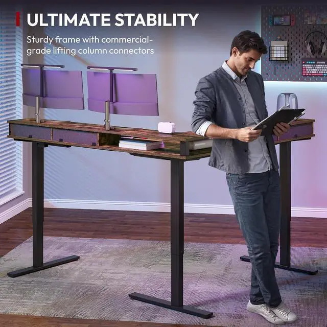 Alt view image 4 of 7 - 71" L Shaped Standing Desk with 4 Drawers, Height Adjustable Stand up Desk, Corner Gaming Desk with Monitor Stand, Black Frame/Rustic Brown Top