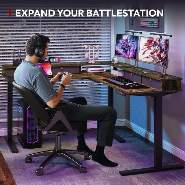 Alt view image 5 of 7 - 71" L Shaped Standing Desk with 4 Drawers, Height Adjustable Stand up Desk, Corner Gaming Desk with Monitor Stand, Black Frame/Rustic Brown Top