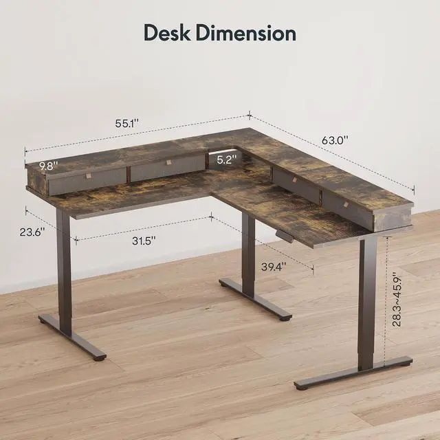 Alt view image 3 of 7 - 63" L Shaped Standing Desk with 4 Drawers, Height Adjustable Stand up Desk, Corner Gaming Desk with Monitor Stand, Black Frame/Rustic Brown Top