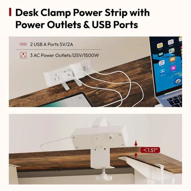 Alt view image 6 of 7 - Electric Standing Desk with Desk Clamp Power Strip 48"x 30" Whole-Piece Desktop Height Adjustable Stand Up Desk with Cable Management Sit Stand Home Office Desk White Frame/Rustic Brown Top