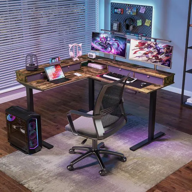 Alt view image 2 of 7 - 63" L Shaped Standing Desk with 4 Drawers, Height Adjustable Stand up Desk, Corner Gaming Desk with Monitor Stand, Black Frame/Rustic Brown Top