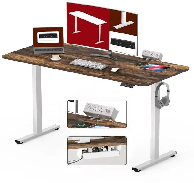 Main image of Electric Standing Desk with Desk Clamp Power Strip 55"x 28" Whole-Piece Desktop Height Adjustable Stand Up Desk with Cable Management Sit Stand Home Office Desk White Frame/Rustic Brown Top