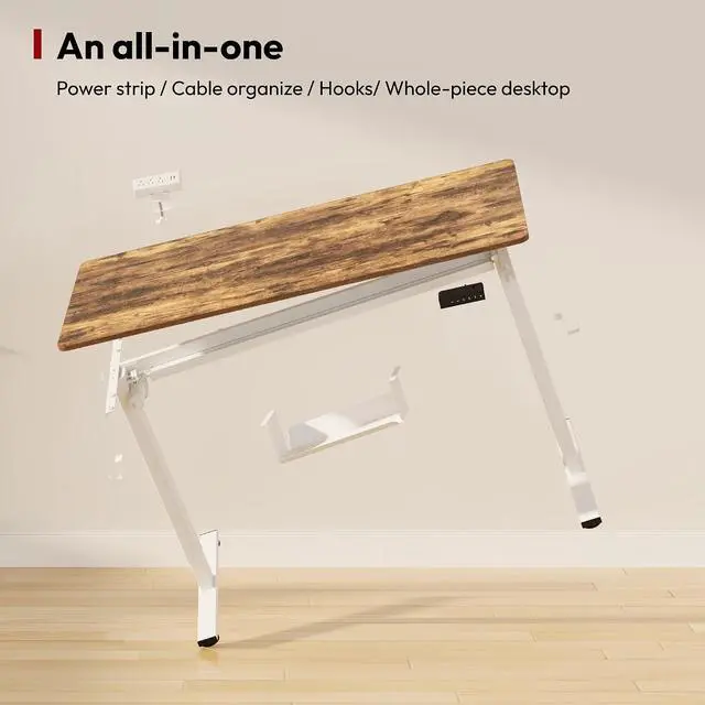 Alt view image 5 of 7 - Electric Standing Desk with Desk Clamp Power Strip 48"x 30" Whole-Piece Desktop Height Adjustable Stand Up Desk with Cable Management Sit Stand Home Office Desk White Frame/Rustic Brown Top