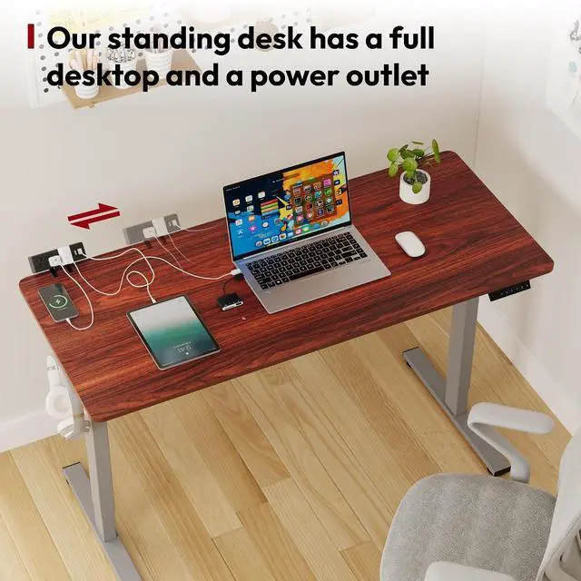 Alt view image 3 of 7 - Electric Standing Desk with Desk Clamp Power Strip 48"x 24" Whole-Piece Desktop Height Adjustable Stand Up Desk with Cable Management Sit Stand Home Office Desk Silver Frame/Mahogany Top