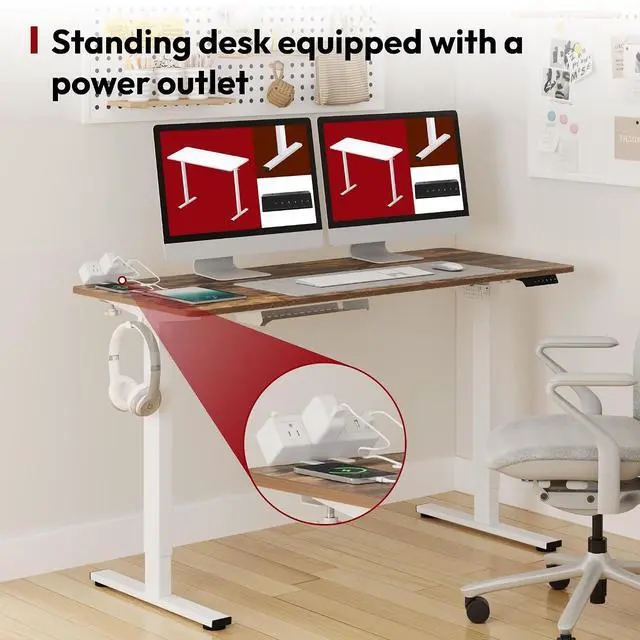 Alt view image 4 of 7 - Electric Standing Desk with Desk Clamp Power Strip 55"x 28" Whole-Piece Desktop Height Adjustable Stand Up Desk with Cable Management Sit Stand Home Office Desk White Frame/Rustic Brown Top