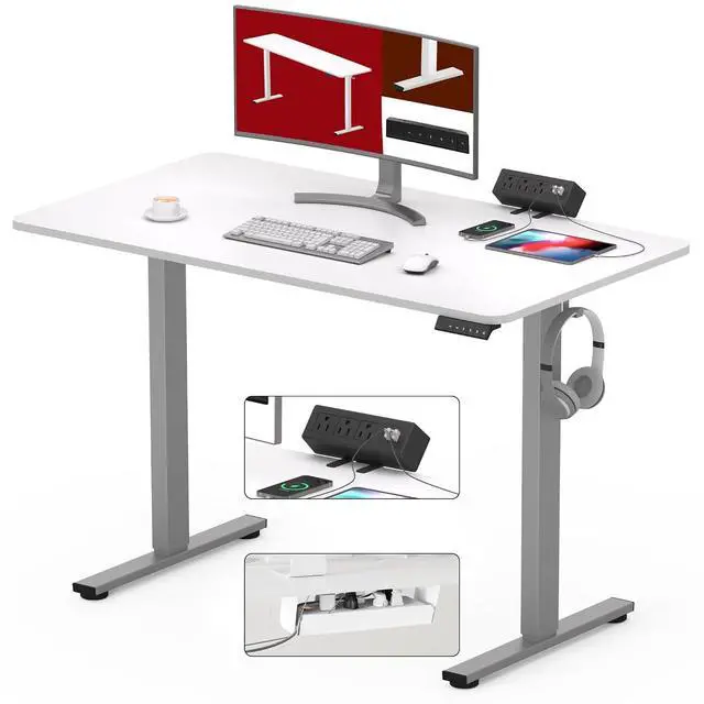 Main image of Electric Standing Desk with Desk Clamp Power Strip 40"x 24" Whole-Piece Desktop Height Adjustable Stand Up Desk with Cable Management Sit Stand Home Office Desk Silver Frame/White Top