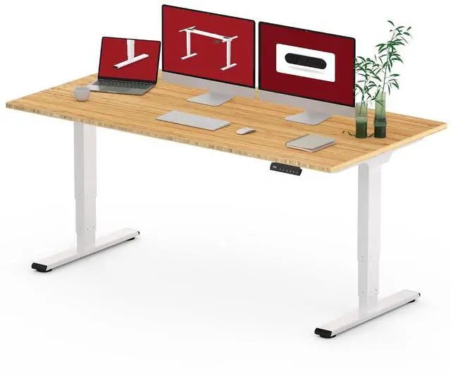 Main image of Standing Desk with Dual Motor, 3-Stage Lifting Column, Handset with 3 Preset and Sit-Stand Reminder - 60 inch Whole Piece Real Bamboo Desk/White Frame, Height Adjustable Desk for Home and Office