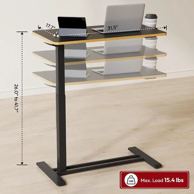Alt view image 2 of 7 - Medical Adjustable Overbed Bedside Table with Hidden Casters, Pneumatic Mobile Laptop Computer Standing Desk Cart with Tray, Hospital and Home Use(31.5" W x 17.7" D, Black)