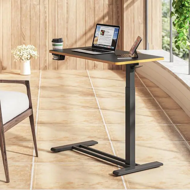 Alt view image 6 of 7 - Mobile Standing Desk with Hidden Wheels,Pneumatic Laptop Desk Rolling Computer Cart Movable Height Adjustable Small Sit Stand Desk for Home Office(31.5" W x 17.7" D, Black+Maple Band)