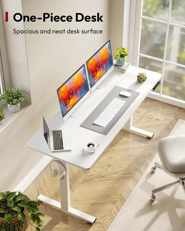 Alt view image 2 of 7 - One-Piece Electric Standing Desk, Seamless 60 x 24'' Ergonomic Height Adjustable Sit Stand Desk with Memory Presets for Home Office Computer Workstation, White Frame/White Top