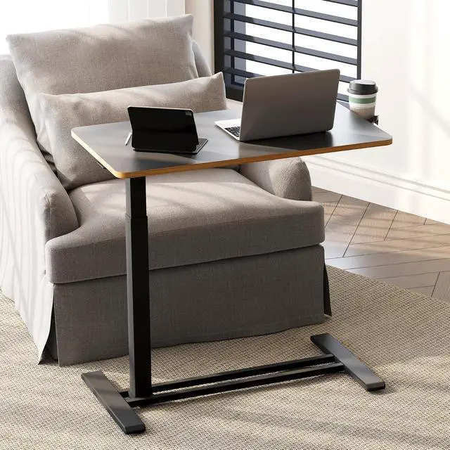 Alt view image 4 of 7 - Mobile Standing Desk with Hidden Wheels,Pneumatic Laptop Desk Rolling Computer Cart Movable Height Adjustable Small Sit Stand Desk for Home Office(31.5" W x 17.7" D, Black+Maple Band)