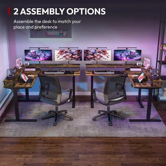 Alt view image 6 of 7 - 63" L Shaped Standing Desk with 4 Drawers, Height Adjustable Stand up Desk, Corner Gaming Desk with Monitor Stand, Black Frame/Rustic Brown Top