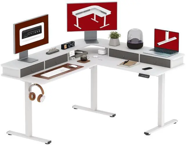 Main image of 63" L Shaped Standing Desk with 3 Drawers, Height Adjustable Stand up Desk, Corner Gaming Desk with Monitor Stand, White Frame/White Top