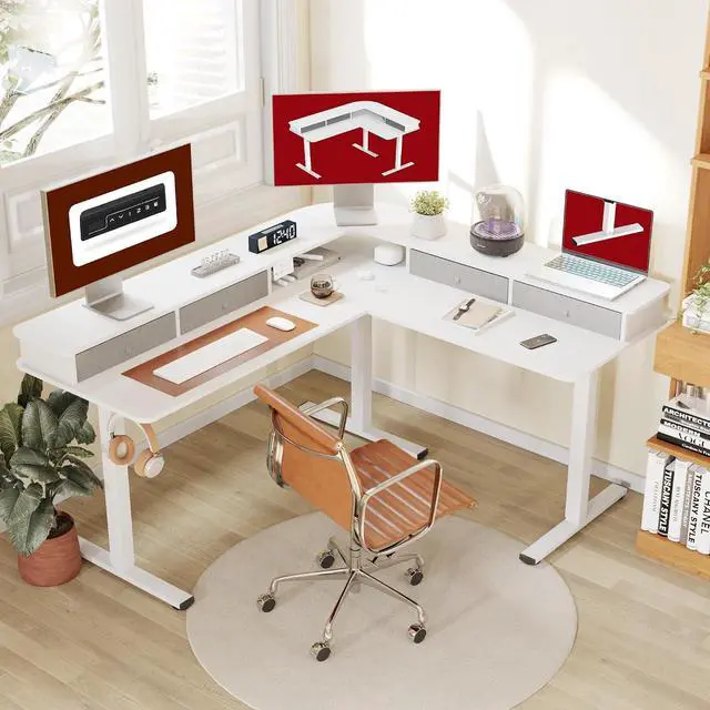 Alt view image 2 of 7 - 63" L Shaped Standing Desk with 3 Drawers, Height Adjustable Stand up Desk, Corner Gaming Desk with Monitor Stand, White Frame/White Top