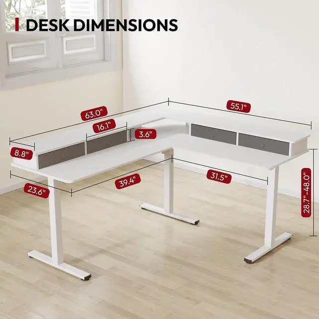 Alt view image 3 of 7 - 63" L Shaped Standing Desk with 3 Drawers, Height Adjustable Stand up Desk, Corner Gaming Desk with Monitor Stand, White Frame/White Top