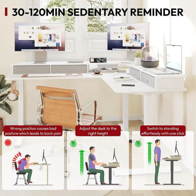 Alt view image 5 of 7 - 63" L Shaped Standing Desk with 3 Drawers, Height Adjustable Stand up Desk, Corner Gaming Desk with Monitor Stand, White Frame/White Top