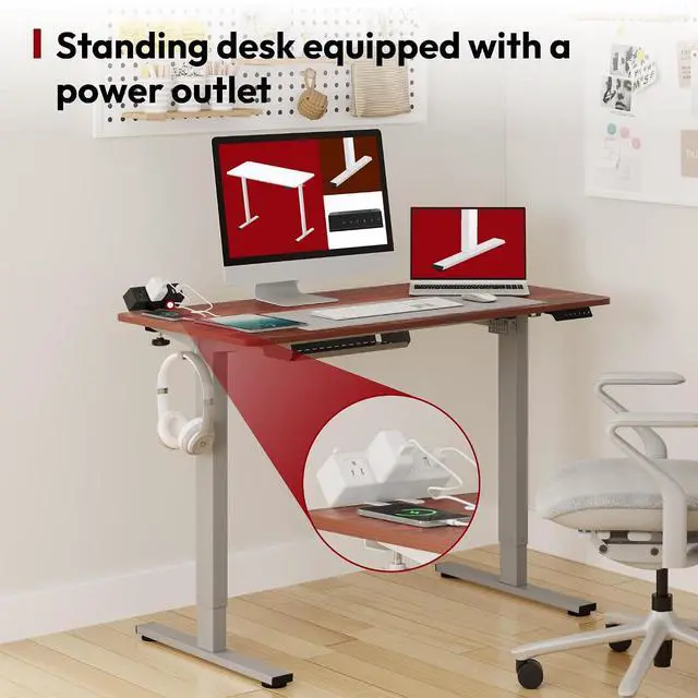 Alt view image 4 of 7 - Electric Standing Desk with Desk Clamp Power Strip 48"x 24" Whole-Piece Desktop Height Adjustable Stand Up Desk with Cable Management Sit Stand Home Office Desk Silver Frame/Mahogany Top