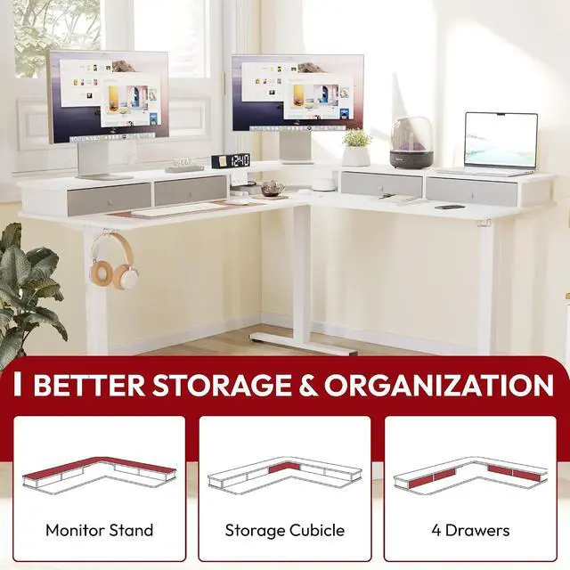 Alt view image 6 of 7 - 63" L Shaped Standing Desk with 3 Drawers, Height Adjustable Stand up Desk, Corner Gaming Desk with Monitor Stand, White Frame/White Top