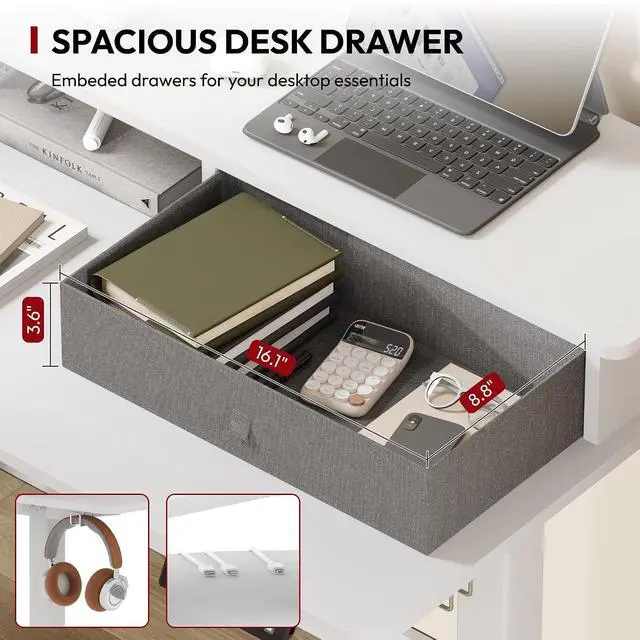Alt view image 7 of 7 - 63" L Shaped Standing Desk with 3 Drawers, Height Adjustable Stand up Desk, Corner Gaming Desk with Monitor Stand, White Frame/White Top