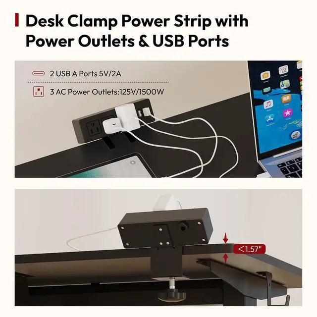 Alt view image 5 of 7 - Electric Standing Desk with Desk Clamp Power Strip 48"x 30" Whole-Piece Desktop Height Adjustable Stand Up Desk with Cable Management Sit Stand Home Office Desk Black Frame/Black Top