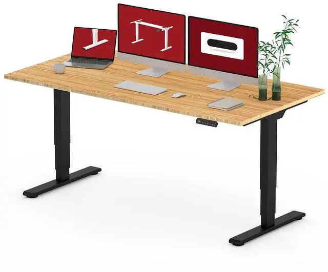 Main image of Standing Desk with Dual Motor, 3-Stage Lifting Column, Handset with 3 Preset and Sit-Stand Reminder - 60 inch Whole Piece Real Bamboo/Black Frame, Height Adjustable Desk for Home and Office