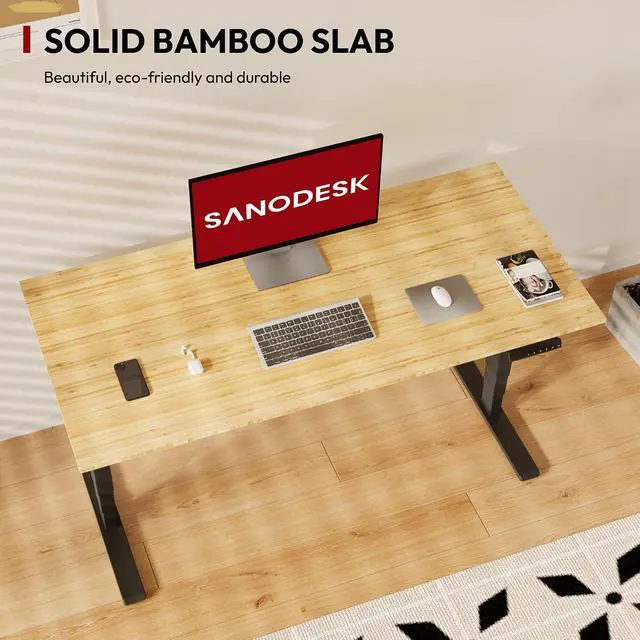 Alt view image 3 of 7 - Standing Desk with Dual Motor, 3-Stage Lifting Column, Handset with 3 Preset and Sit-Stand Reminder - 60 inch Whole Piece Real Bamboo/Black Frame, Height Adjustable Desk for Home and Office