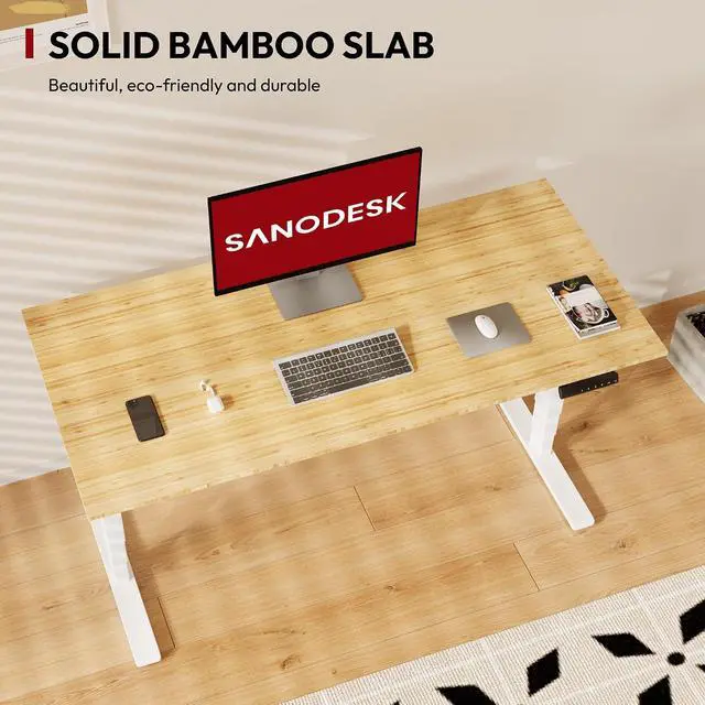 Alt view image 5 of 7 - Standing Desk with Dual Motor, 3-Stage Lifting Column, Handset with 3 Preset and Sit-Stand Reminder - 60 inch Whole Piece Real Bamboo Desk/White Frame, Height Adjustable Desk for Home and Office